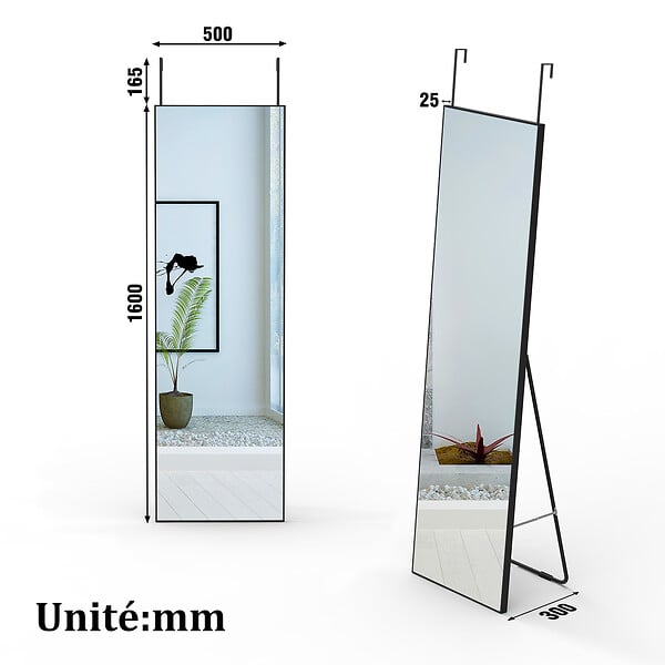 AICA SANITAIRE - AICA Miroir sur pied et Psyché 50 x 160 cm (L x H), miroir complet noir - large