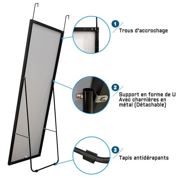 AICA SANITAIRE - AICA Miroir sur pied et Psyché 50 x 160 cm (L x H), miroir complet noir - large