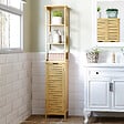 KLEANKIN - Meuble colonne rangement salle de bain style cosy dim. 34L x 30l x 173H cm porte à lattes 3 étagères bambou MDF aspect bois clair - vignette