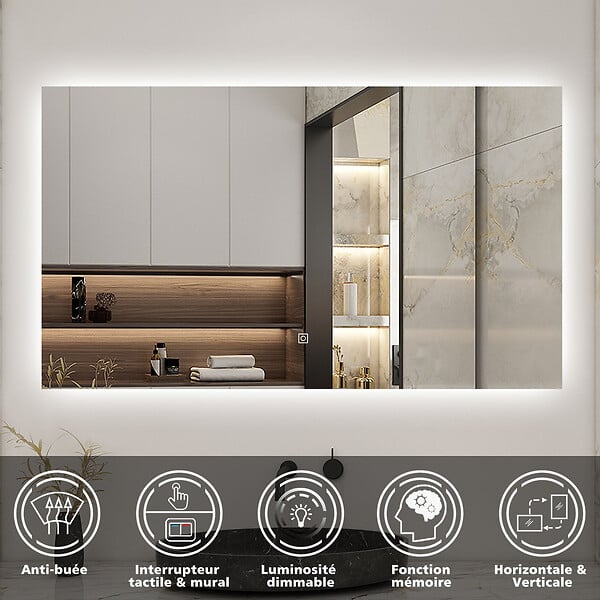 AICA SANITAIRE - AICA 80x60 cm miroir de salle de bain LED rétro-éclairé sans cadre avec anti-buée + mémoire + dimmable - large