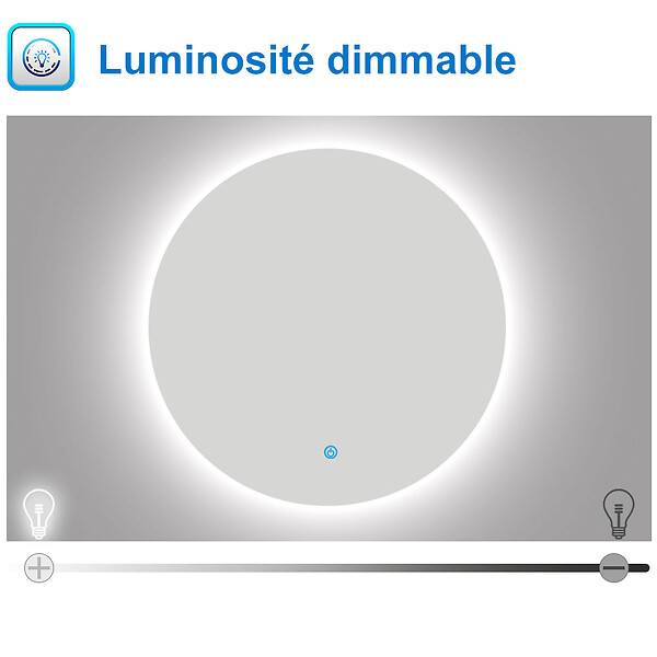 AICA SANITAIRE - AICA 70 cm miroir de salle de bain LED rond avec rétro-éclairage sans cadre, anti-buée + mémoire + dimmable - large