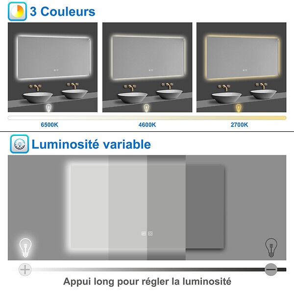 AICA SANITAIRE - AICA 70x50cm LED Miroir de salle de bain rétro-éclairé sans cadre Tricolore + Anti-buée + Mémoire + Dimmable - large