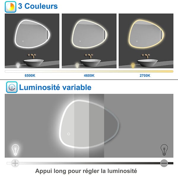 AICA SANITAIRE - AICA Miroir de salle de bain asymétrique 80x65cm led Teardrop Mirror 3 Colours Dimmable + Anti-buée + Mémoire - large