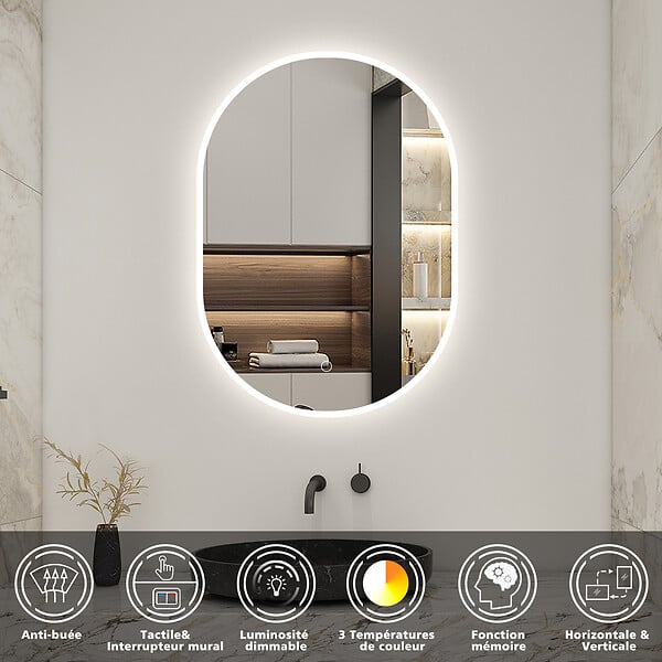 AICA SANITAIRE - AICA LED miroir lumineux 50x80cm tricolore + anti-buée + dimmable + mémoire miroir salle de bain - large