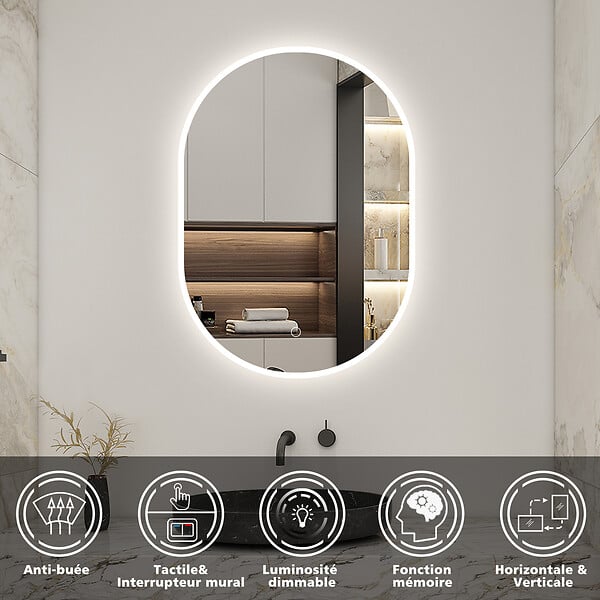 AICA SANITAIRE - AICA Miroir de salle de bain ovale 60x90 cm, anti-buée + mémoire + dimmable - large