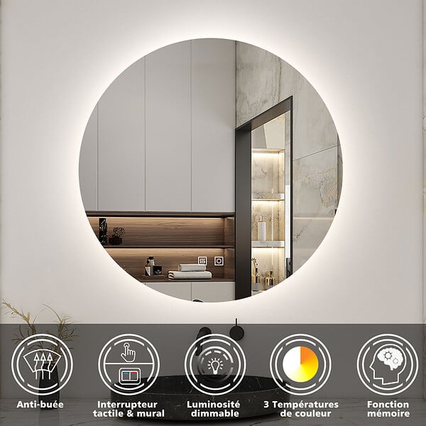 AICA SANITAIRE - AICA Miroir de salle de bain LED rond de 100 cm avec rétro-éclairage sans cadre, tricolore + anti-buée + mémoire + gradation infinie - large