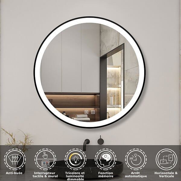 AICA SANITAIRE - AICA 70 cm miroir de salle de bain LED rond avec cadre noir, tricolore + anti-buée + mémoire + gradation infinie - large
