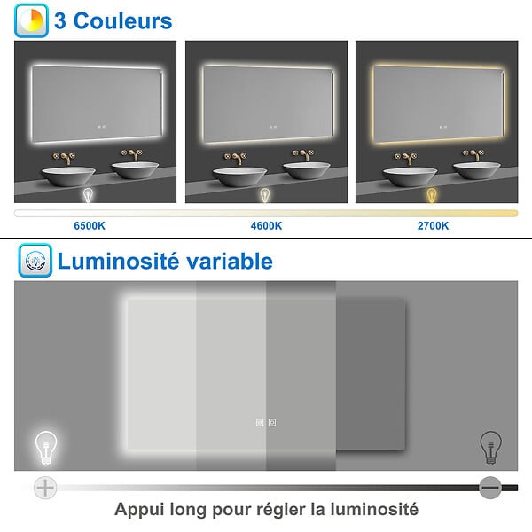 AICA SANITAIRE - AICA 90x70cm LED Miroir de salle de bain rétro-éclairé sans cadre Tricolore + Anti-buée + Mémoire + Dimmable - large