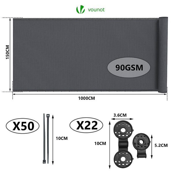 VOUNOT - Brise vue occultant en HDPE 90g/m² 1.5x10m avec attaches de fixation anthracite - large