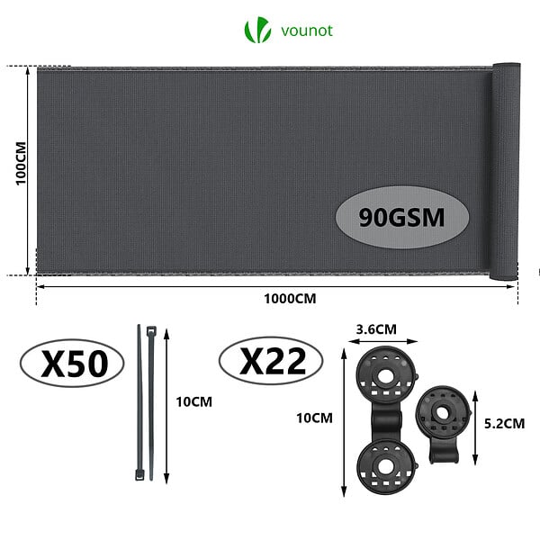 VOUNOT - Brise vue occultant en HDPE 90g/m² 1x10m avec attaches de fixation anthracite - large