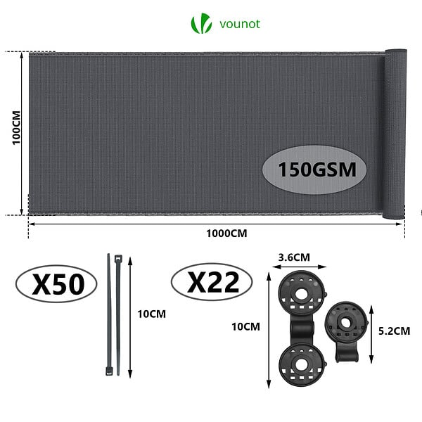 VOUNOT - Brise vue occultant en HDPE 150g/m² 1x10m avec attaches de fixation anthracite - large