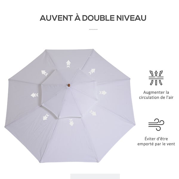 OUTSUNNY - Parasol en bois peuplier droit 2 toits polyester 180 g/m² dia. 2,65 x 2,64H m blanc - large