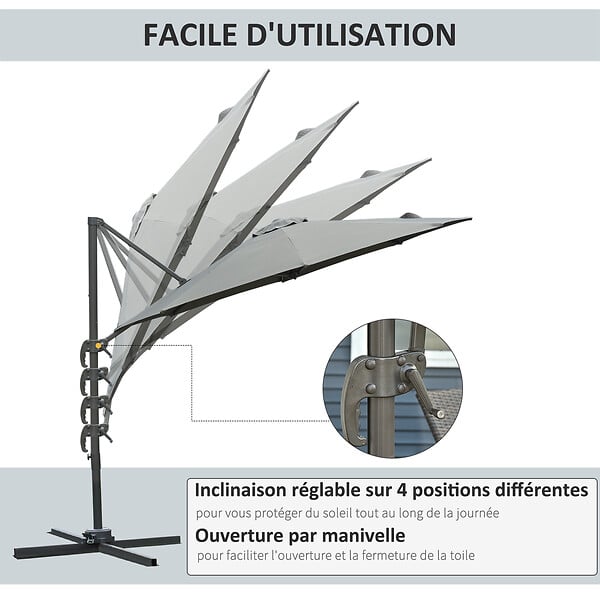 OUTSUNNY - Parasol déporté octogonal inclinable rotatif 360° manivelle piètement acier mât alu. dim. Ø 2,95 x 2,5H m polyester haute densité gris - large