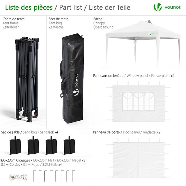 VOUNOT - Tonnelle de Jardin 3x3m POP UP installation facile avec portes et fenetres Blanc - large