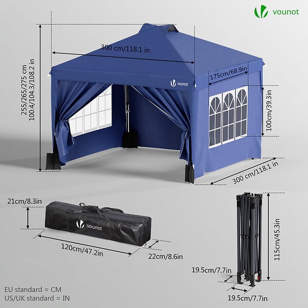 VOUNOT - Tonnelle de Jardin 3x3m POP UP installation facile avec portes et fenetres Bleu - large