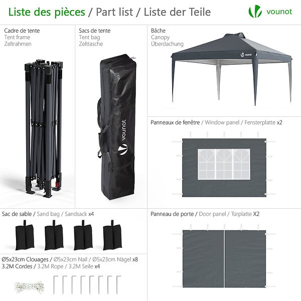 VOUNOT - Tonnelle de Jardin 3x3m POP UP installation facile avec portes et fenetres Gris - large