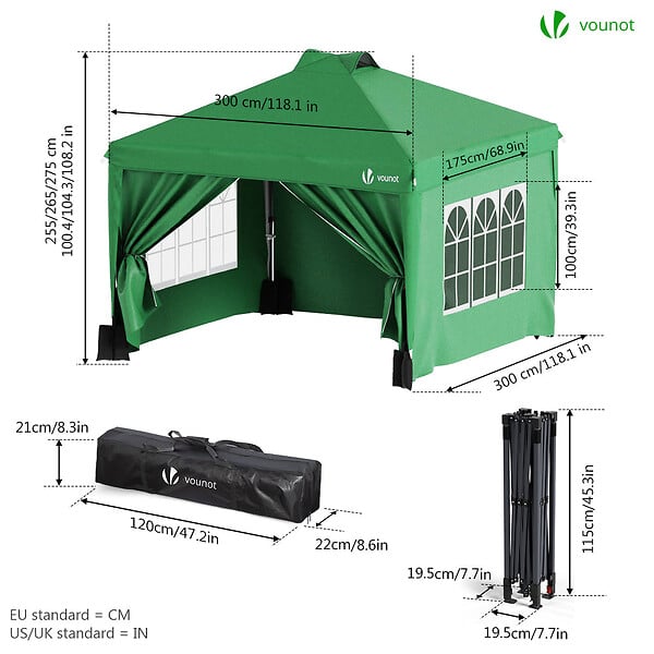 VOUNOT - Tonnelle de Jardin 3x3m POP UP installation facile avec portes et fenetres Vert - large