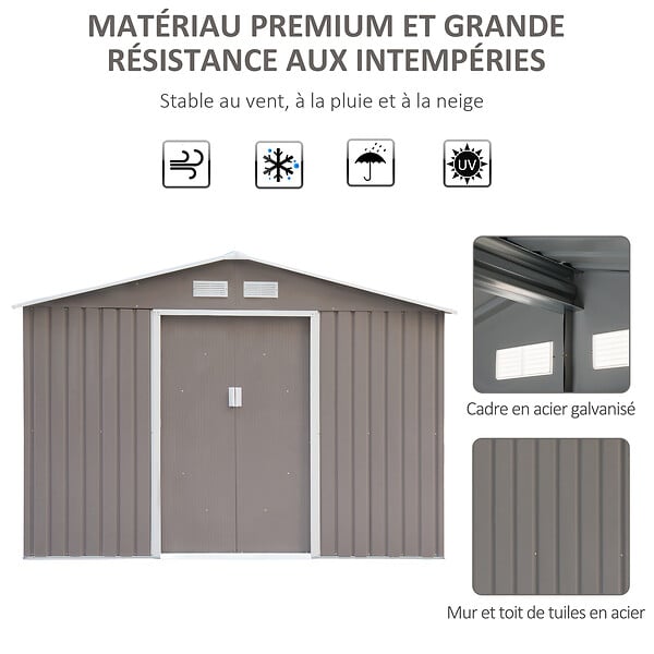OUTSUNNY - Abri de jardin - remise pour outils - cabanon double porte coulissante - fondation incluse - dim. 277L x 191l x 192H cm - tôle d'acier ondulée grise - large