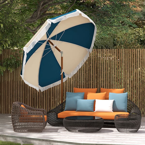 OUTSUNNY - Parasol inclinable de jardin Ø 213 cm style vintage franges bleu beige - large