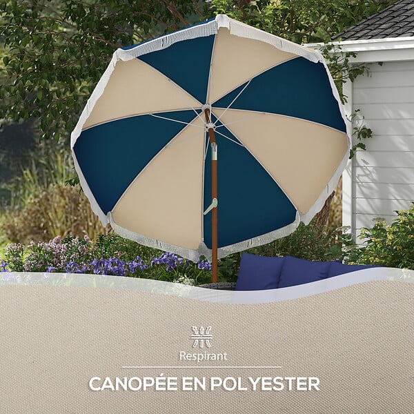 OUTSUNNY - Parasol inclinable de jardin Ø 213 cm style vintage franges bleu beige - large