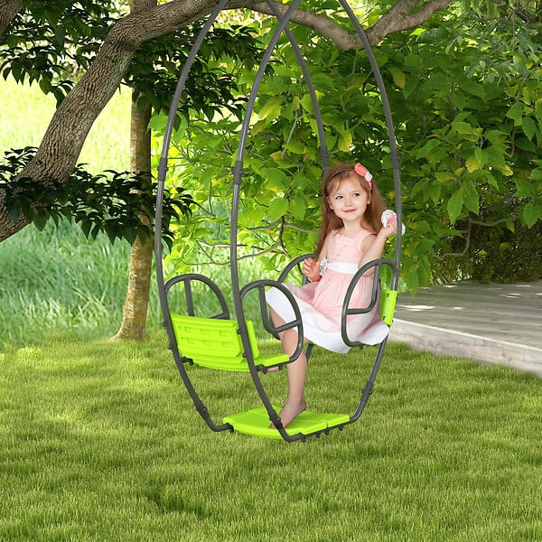 OUTSUNNY - Balançoire agrès face à face enfant 3 à 6 ans - assises, dossiers, repose-pieds - acier gris PE vert - large