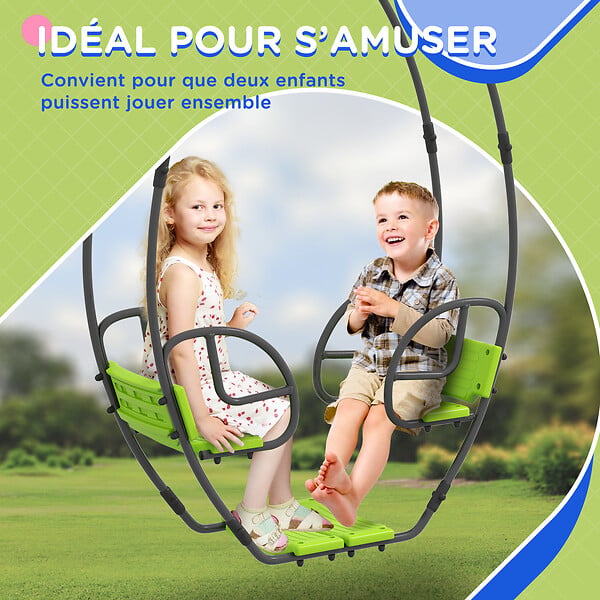 OUTSUNNY - Balançoire agrès face à face enfant 3 à 6 ans - assises, dossiers, repose-pieds - acier gris PE vert - large