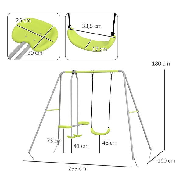 OUTSUNNY - Balançoire 2 agrès portique avec balançoire et face à face dim. 2,55L x 1,6l x 1,8H m métal époxy PE gris vert - large