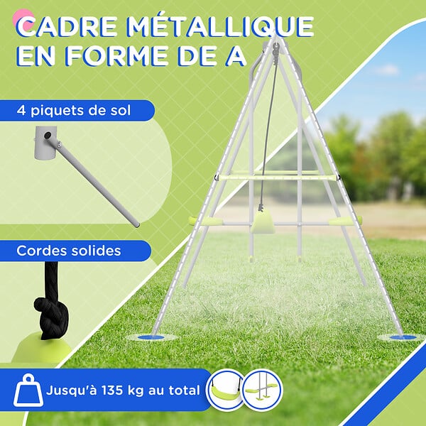 OUTSUNNY - Balançoire 2 agrès portique avec balançoire et face à face dim. 2,55L x 1,6l x 1,8H m métal époxy PE gris vert - large