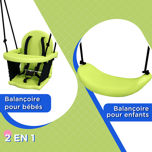 OUTSUNNY - Portique balançoire évolutive - siège haut, accoudoirs, ceinture sécurité 5 points, barre protection - métal époxy gris vert - large