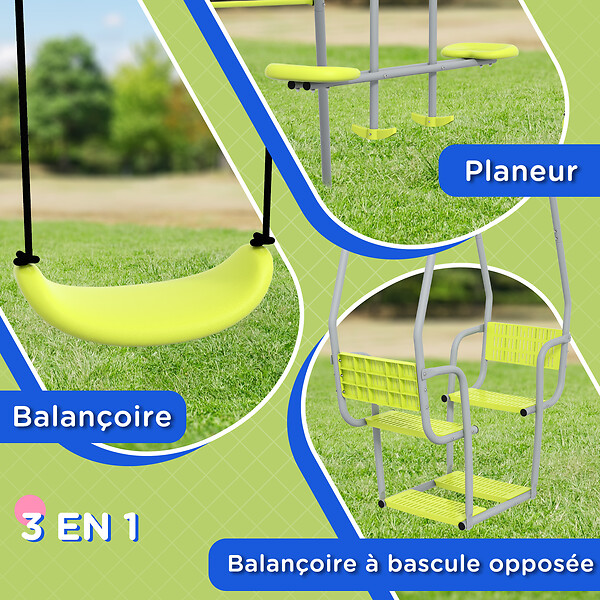 OUTSUNNY - Balançoire 3 agrès portique 2 face à face et balançoire dim. 2,83L x 1,56l x 1,8H m métal époxy PE gris vert - large