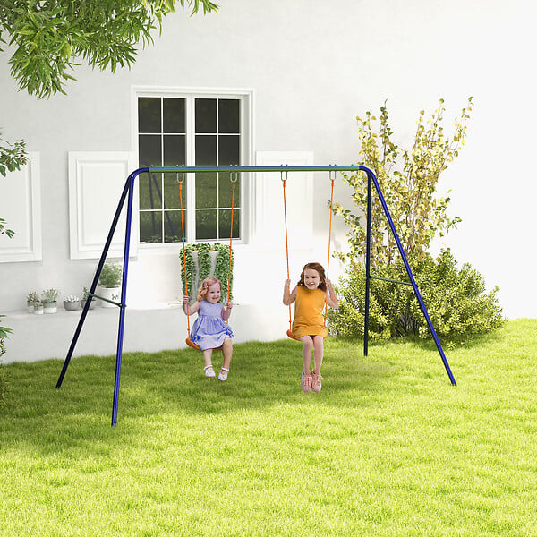 OUTSUNNY - Balançoire 2 agrès portique avec 2 balançoires dim. 2,69L x 1,6l x 1,8H m métal époxy anticorrosion vert bleu PP orange - large
