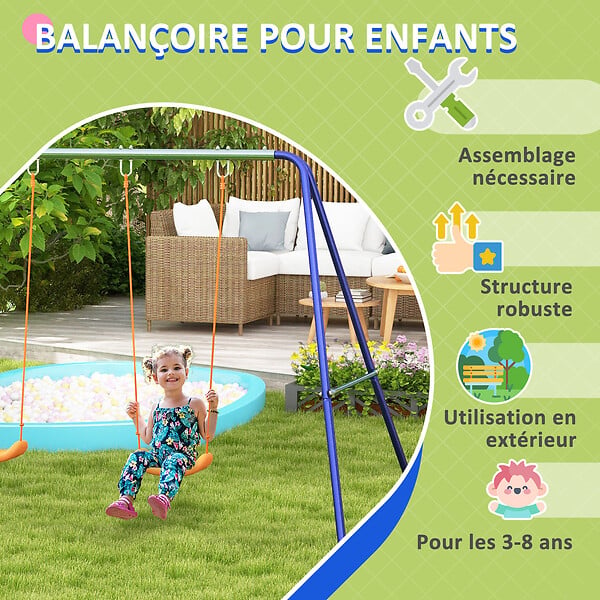 OUTSUNNY - Balançoire 2 agrès portique avec 2 balançoires dim. 2,69L x 1,6l x 1,8H m métal époxy anticorrosion vert bleu PP orange - large