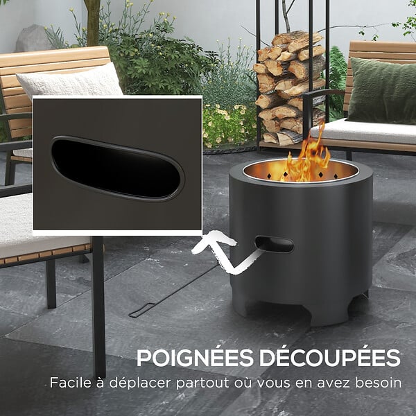 OUTSUNNY - Brasero extérieur portable avec tisonnier - Ø 45 cm - acier inox métal noir - large