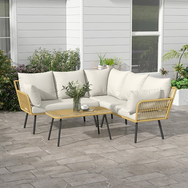 OUTSUNNY - Salon de jardin d'angle 5 places style bohème chic - coussins, table basse inclus - résine tressée aspect rotin - large