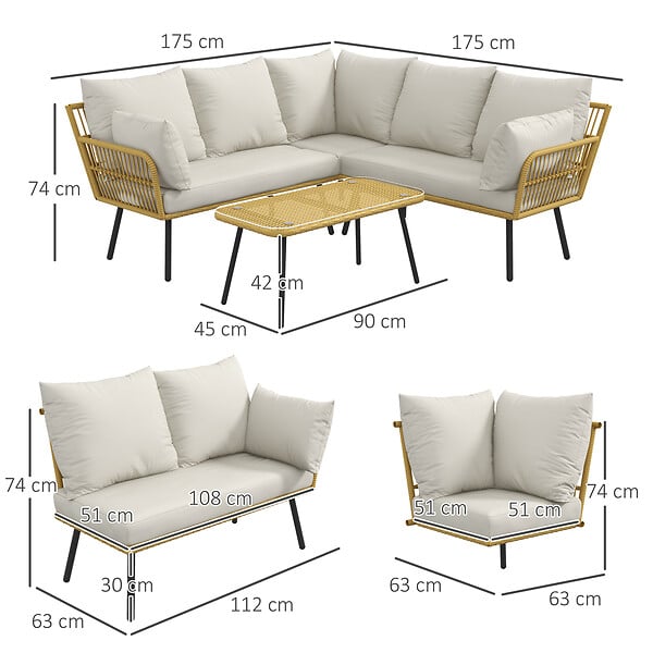 OUTSUNNY - Salon de jardin d'angle 5 places style bohème chic - coussins, table basse inclus - résine tressée aspect rotin - large