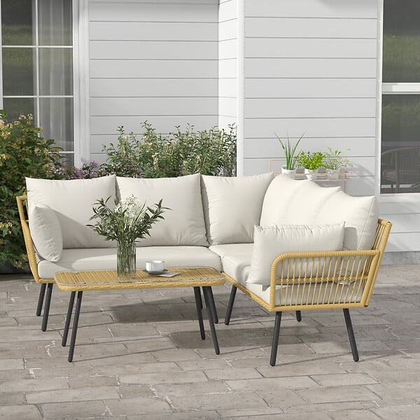 OUTSUNNY - Salon de jardin d'angle 5 places style bohème chic - coussins, table basse inclus - résine tressée aspect rotin - large