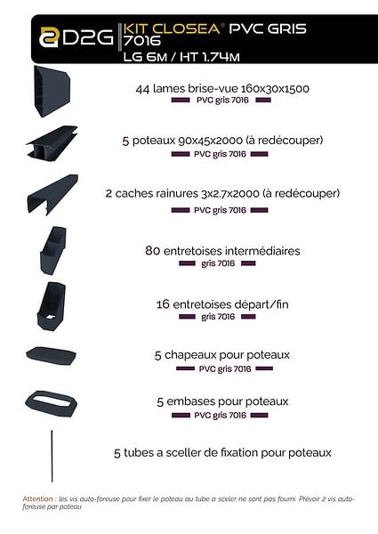 CLOSEA - Kit cloture - Lame 16cm  - PVC Gris - LG: 6m x H: 1m74 - large