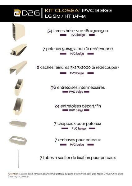 CLOSEA - Kit cloture - Lame 16cm   - PVC Beige - LG: 9m x H: 1m44 - large