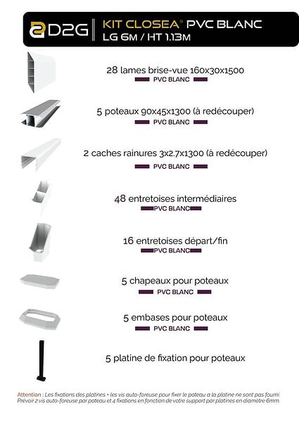CLOSEA - Kit cloture - Lame 16cm   - PVC Blanc - LG: 6m x H: 1m13 - large