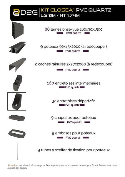 CLOSEA - Kit cloture - Lame 16cm   - PVC Quartz - LG: 12m x H: 1m74 - large