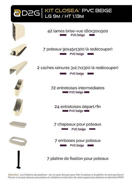 CLOSEA - Kit cloture - Lame 16cm   - PVC Beige - LG: 9m x H: 1m13 - large