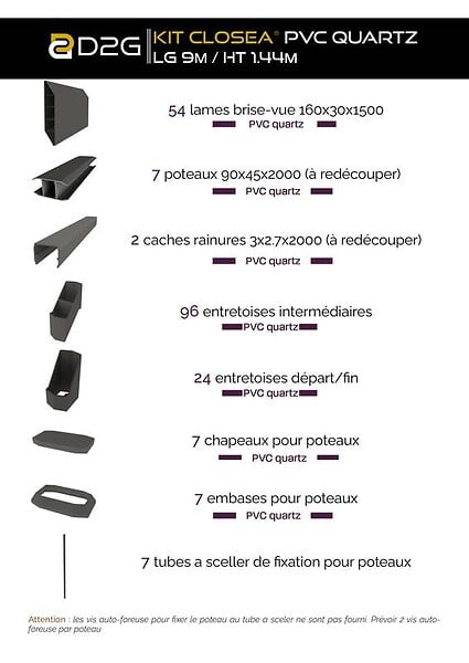 CLOSEA - Kit cloture - Lame 16cm   - PVC Quartz - LG: 9m x H: 1m44 - large