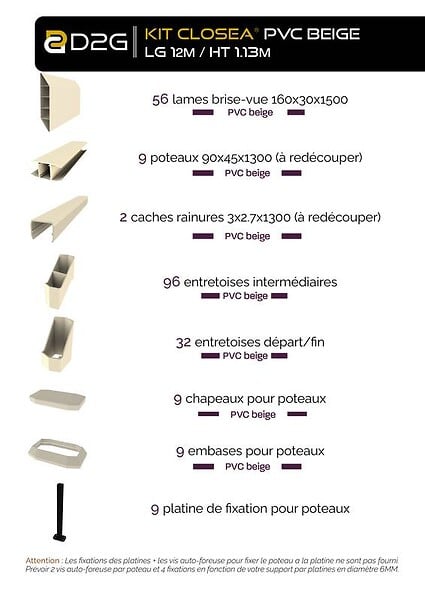 CLOSEA - Kit cloture - Lame 16cm   - PVC Beige - LG: 12m x H: 1m13 - large