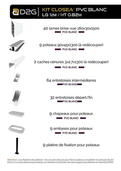 CLOSEA - Kit cloture - Lame 16cm   - PVC Blanc - LG: 12m x H: 0m82 - large