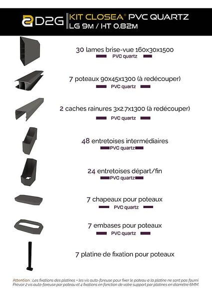 CLOSEA - Kit cloture - Lame 16cm   - PVC Quartz - LG: 9m x H: 0m82 - large