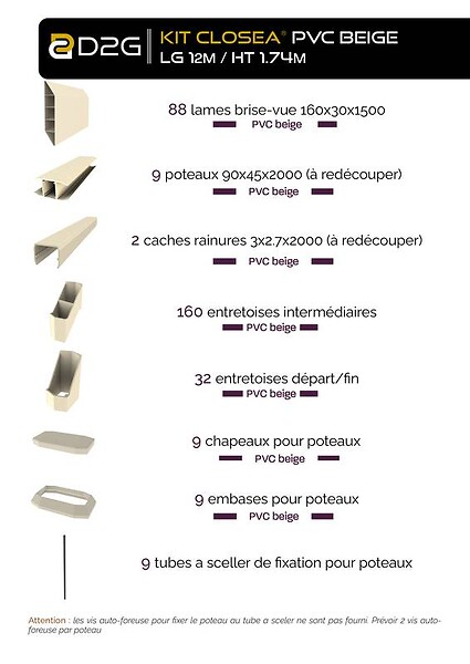 CLOSEA - Kit cloture - Lame 16cm   - PVC Beige - LG: 12m x H: 1m74 - large