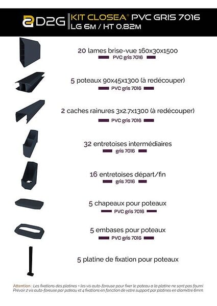 CLOSEA - Kit cloture - Lame 16cm  - PVC Gris - LG: 6m x H: 0m82 - large