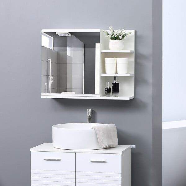 KLEANKIN - Armoire miroir de salle de bain avec étagère - 3 étagères latérales - kit installation murale fourni - panneaux particules blanc - large