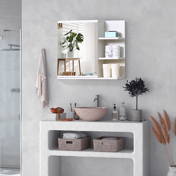 KLEANKIN - Armoire miroir de salle de bain avec étagère - 3 étagères latérales - kit installation murale fourni - panneaux particules blanc - large