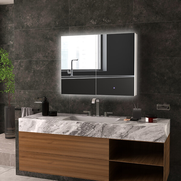 KLEANKIN - Armoire miroir LED de salle de bain - 2 portes, 2 étagères - tactile, lumière réglable - MDF blanc laqué verre - large